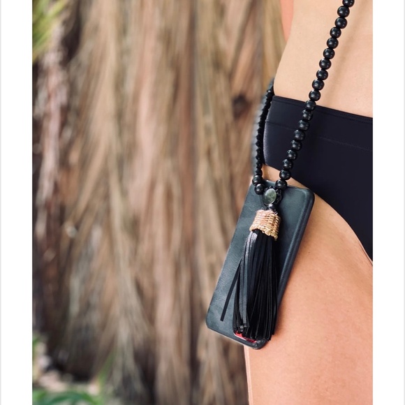 {35 Coins} Black Beaded iPhone 11 & XR Sash | Leather Free People Necklace Case - Picture 13 of 16